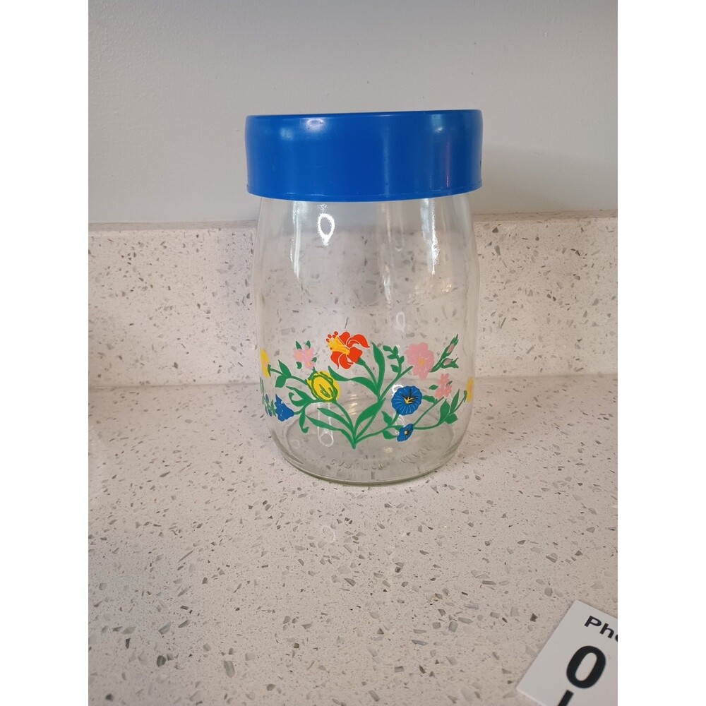 Vintage Carlton Glass Canister 1 L Floral Dark Blue Lid USA